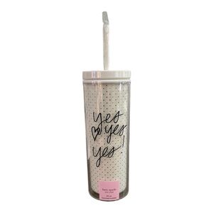 Kate Spade “Yes, Yes, Yes” White Tumbler w/ Black Script & Gold Dots.